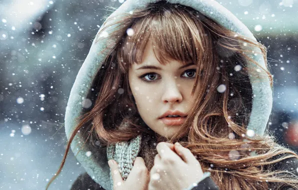 Snow, portrait, brown-eyed, Snowfall, Anastasia Shcheglova
