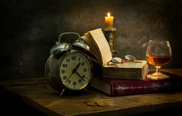 Watch, glass, books, candle, glasses, wax, Tranquil enjoyment