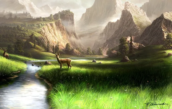 Picture grass, mountains, river, stones, art, horns, deer, Fel-X