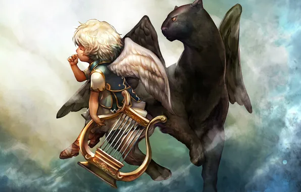 Animal, wings, angel, anime, Panther, art, harp, guy