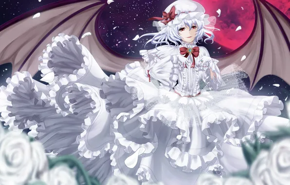Picture girl, the moon, wings, dress, the demon, art, touhou, remilia scarlet