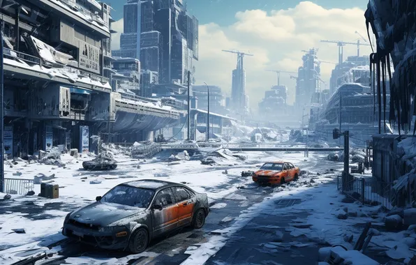 Home, Winter, Road, The city, Snow, Skyscrapers, Apocalypse, Cars