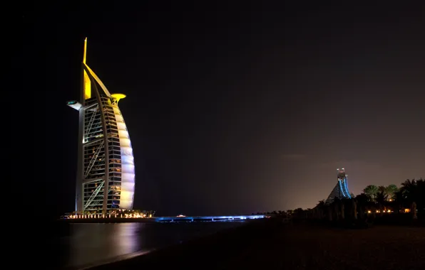 Light, night, Dubai, Dubai, UAE, Jumeirah beach hotel, Burj Al Arab