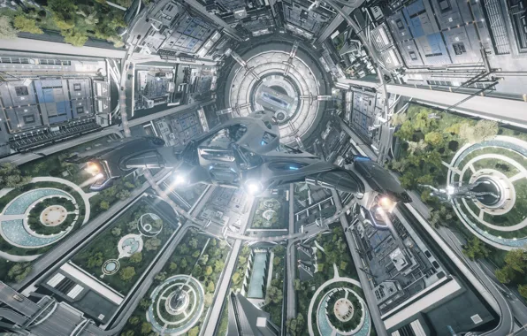 Space, the city, plants, Spaceship, statues, space station, parks, Elite: Dangerous