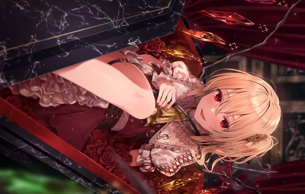 Crystals, the coffin, red eyes, the crypt, vampire, Flandre Scarlet, Project East, red roses