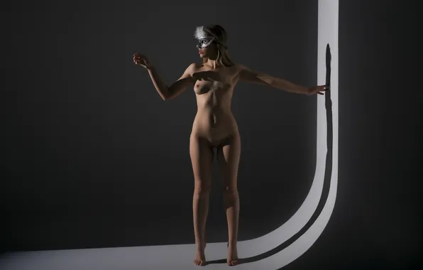 Model, mask, Nude, posing, standing, in full growth, slim figure, naked girl