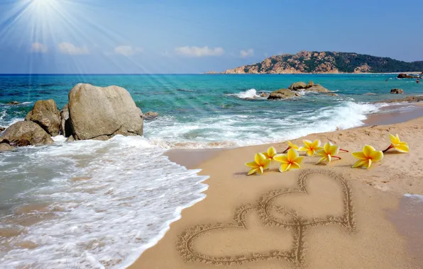 Sand, beach, love, romance, heart, figure, love, sunshine