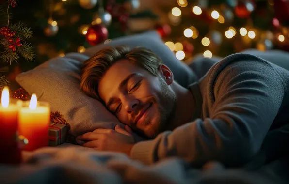 Night, room, sleep, candles, Christmas, sleeping, New year, lies