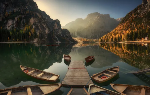 Autumn, forest, water, trees, lake, rocks, dawn, boat