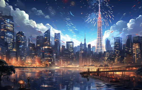 Water, Home, The evening, The city, Salute, Christmas, Skyscrapers, New year