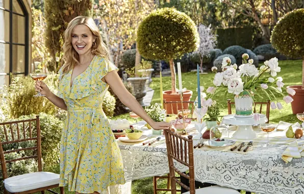 Smile, house, table, dress, actress, blonde, beautiful, serving