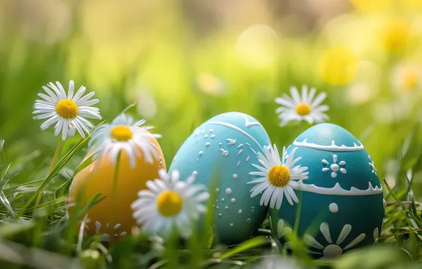 Flowers, eggs, spring, colorful, Easter, happy, flowers, spring