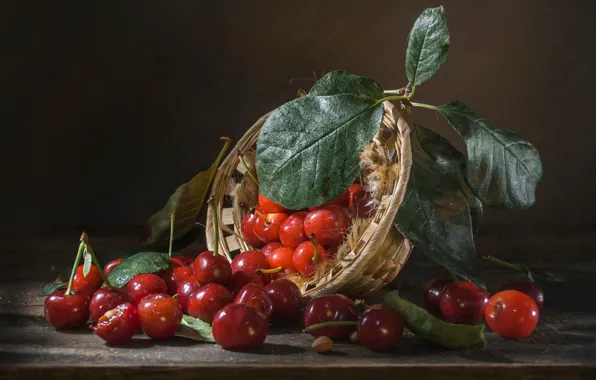 Leaves, cherry, berries, still life, basket, Vladimir Volodin