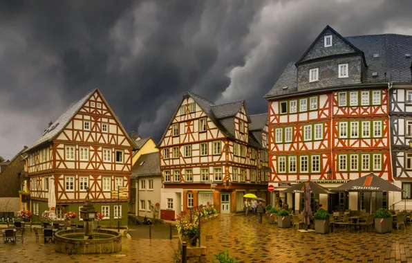 Rain, overcast, building, home, Germany, area, fountain, Germany