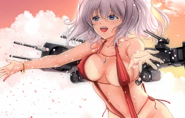 Girl, sexy, cleavage, erect nipples, boobs, anime, water, blue eyes