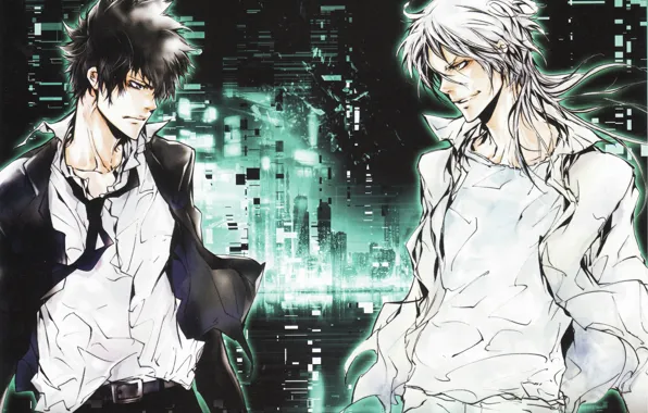 Night, skyscrapers, white hair, grin, two guys, white shirt, eye to eye, Psycho-pass