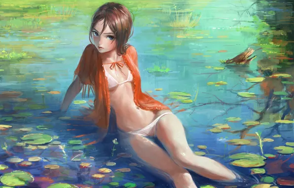 Picture wet, girl, bikini, blue eyes, art, sitting in the water, Lotus leaf, Nababa
