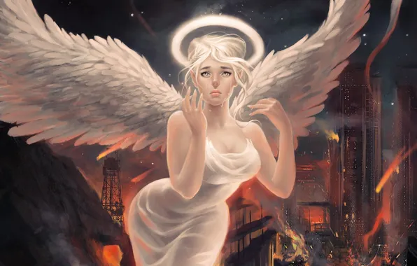Girl, the city, emotions, wings, angel, tears, art, destruction