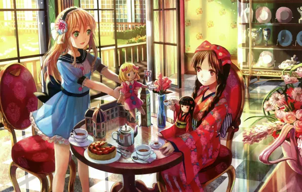 Doll, chair, the tea party, dishes, kimono, a bouquet of flowers, play, in the room