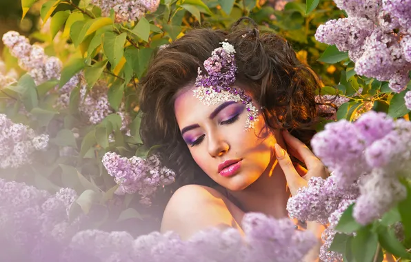 Girl, light, flowers, branches, hand, spring, makeup, hairstyle