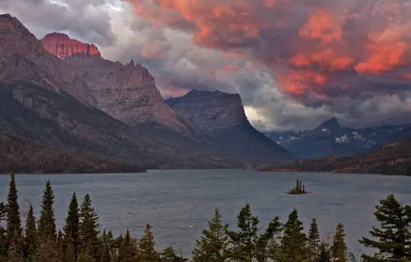 Picture forest, the sky, clouds, sunset, mountains, lake