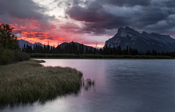 Picture clouds, mountains, shore, tops, ate, pond, the evening, Albert