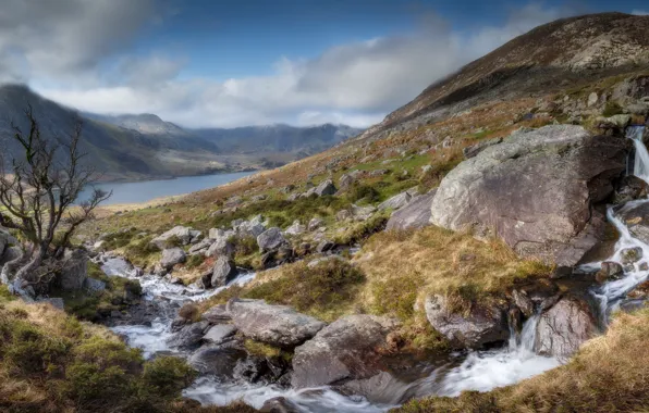 Picture clouds, mountains, stones, river