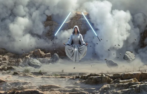 Picture girl, stones, movie, dust, lightsabers, star wars