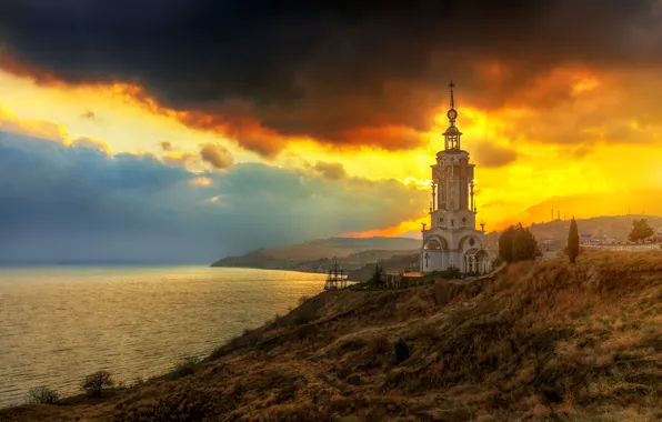 Picture sea, shore, lighthouse, hill, temple, Crimea