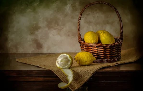 Still life, basket, table, lemons