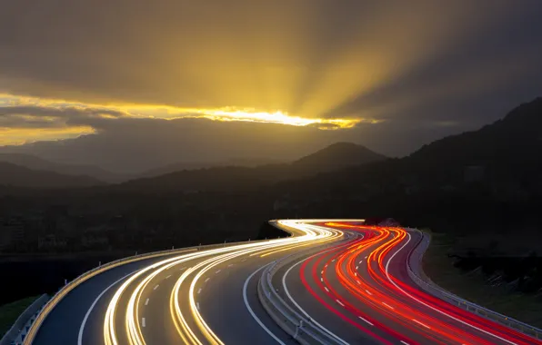 Road, macro, light, line, landscape, mountains, life, movement