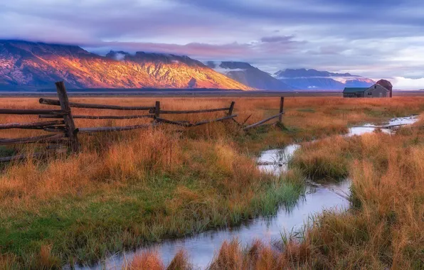 Mountains, stream, the fence, home, Wyoming, USA, Teton