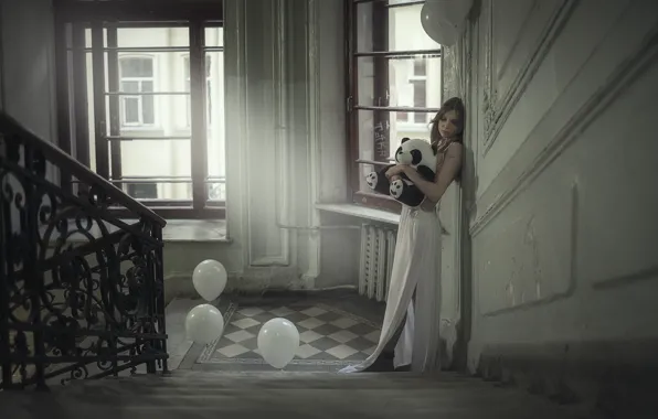 Girl, balls, pose, house, toy, ladder, Panda, Anna Shuvalova