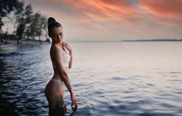 Water, girl, nature, tattoo, underwear, Antonina Yerofeyeva