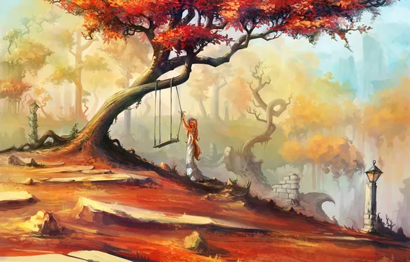 Girl, trees, swing, art, lights, painted landscape