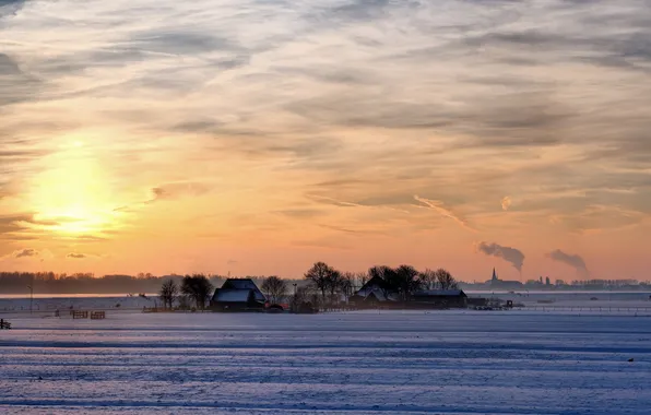 Winter, field, landscape, sunset, home