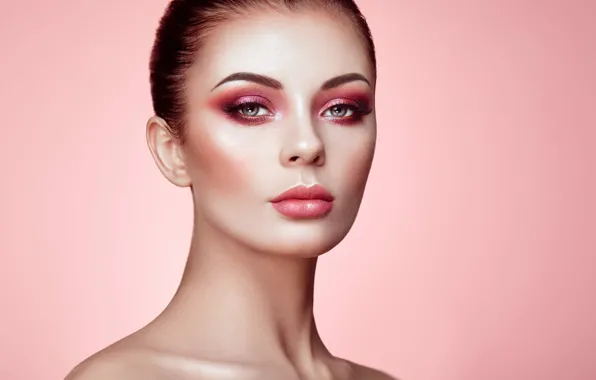 Pink, makeup, sponge, retouching, Beautiful woman face