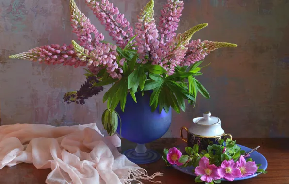 Summer, flowers, bouquet, briar, dishes, still life, composition, lupins