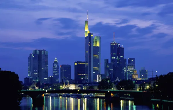 City, lights, river, sky, bridge, Frankfurt, Germany, evening