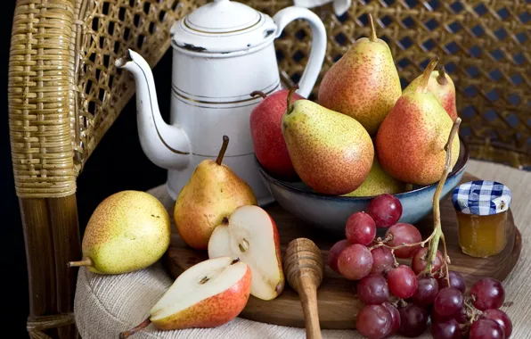 Honey, grapes, fruit, pear