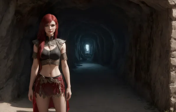 Girl, fantasy, red hair, green eyes, art, digital art, fantasy art, dungeon