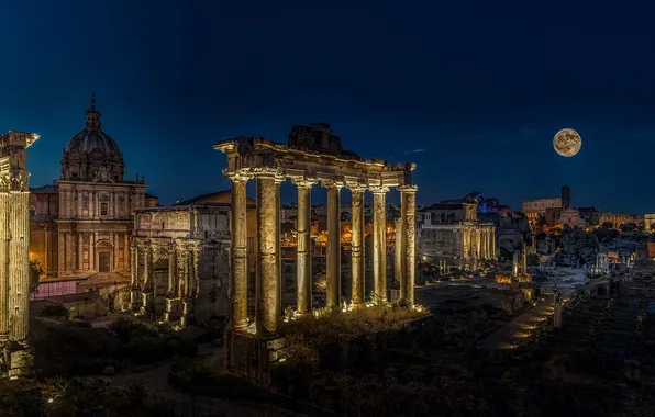 Night, the city, lights, the moon, view, building, lighting, Rome