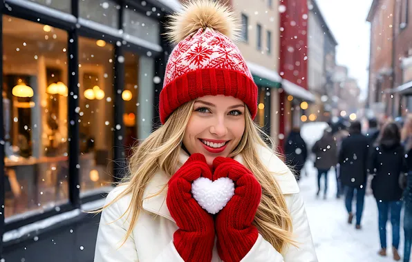 Winter, girl, snow, joy, the city, smile, people, holiday