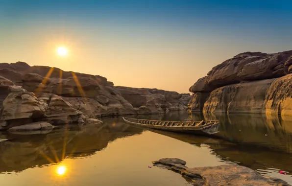 River, stones, rocks, dawn, boat, Thailand, river, nature