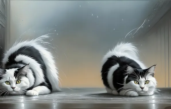 Cats, two, water drops