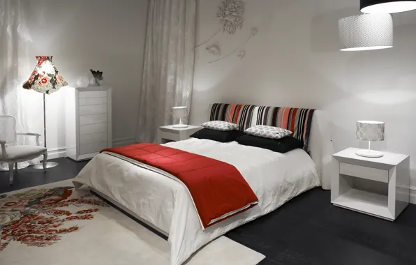 White, bed, bedroom, red. kenzo