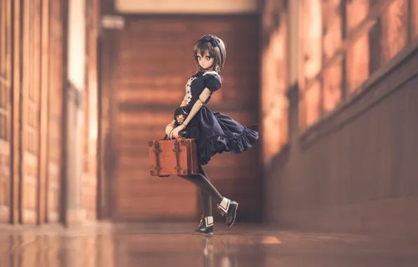 Doll, dress, suitcase