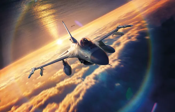 Picture sky, sunset, drawing, Lockheed F-16