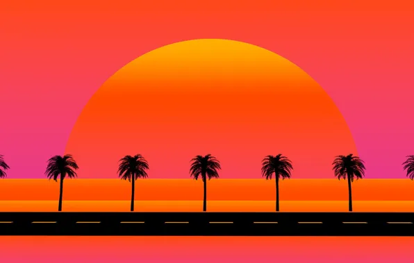 The sun, Road, Music, Star, Style, Palm trees, Background, 80s