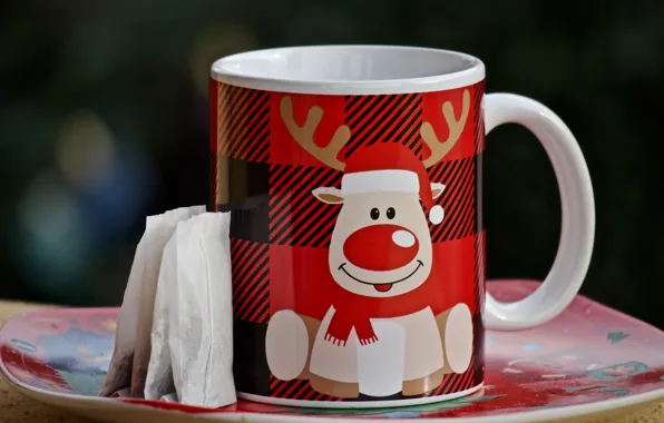 The dark background, holiday, tea, figure, deer, Christmas, mug, New year